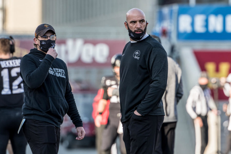 Iowa State Strength and Conditioning Coach Dave Andrews (right) stands on the field prior to kickoff versus West Virginia on Dec. 5, 2020.Photo Courtesy of Iowa State Athletics