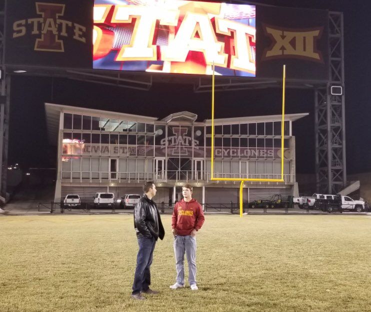 Iowa State head football coach Matt Campbell (left) talks with then-Iowa State recruiting target Brock Purdy (right) on Purdys official visit to Ames on Jan. 19, 2018. (Photo courtesy of Shawn Purdy)
