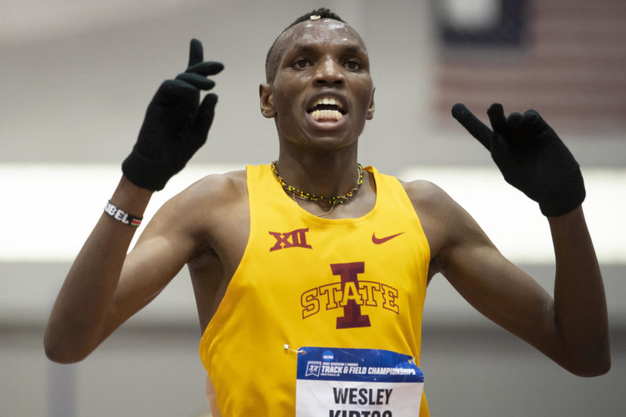 Iowa States Wesley Kiptoo runs in during the Division I Men’s and Women’s Indoor Track & Field Championship on March 12 in Fayetteville, Arkansas. 