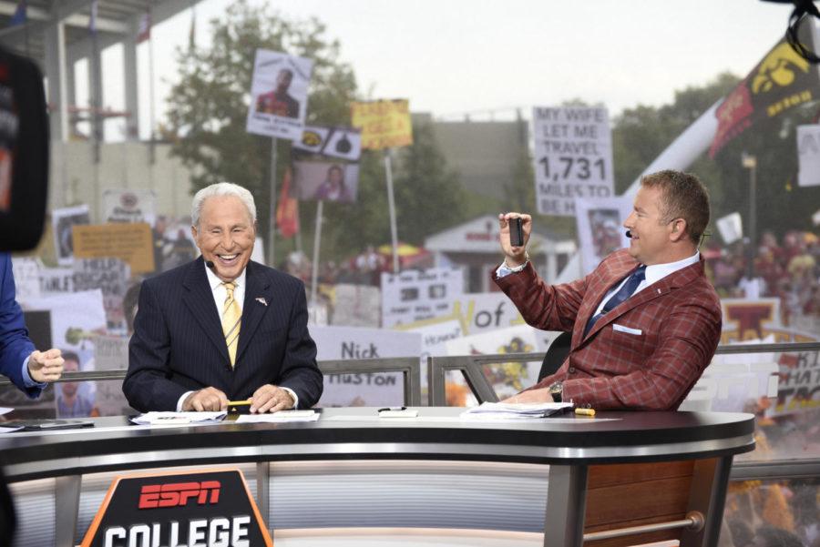 Lee+Corso+and+Kirk+Herbstreit+on+the+ESPN+College+GameDay+set+Sept.+14%2C+2019%2C+at+Iowa+State.%C2%A0