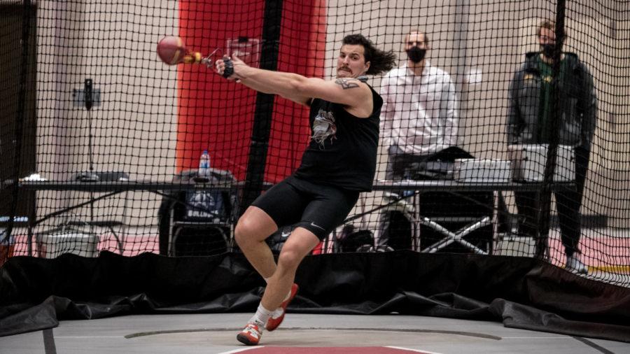 Iowa State senior Vlad Pavlenko gets ready to throw in the mens weight throw event in the 2021 Iowa State Classic on Feb. 12 in Lied Recreation Athletic Center. 