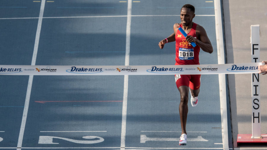 Festus Lagat gets set to cross the finish line during the 4x800-meter relay event at the Drake Relays on April 23. 