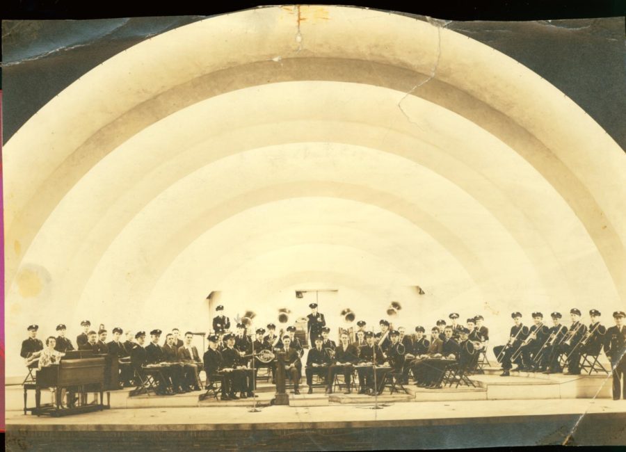 The Ames Municipal Band performs in the bandshell during the 1930s.