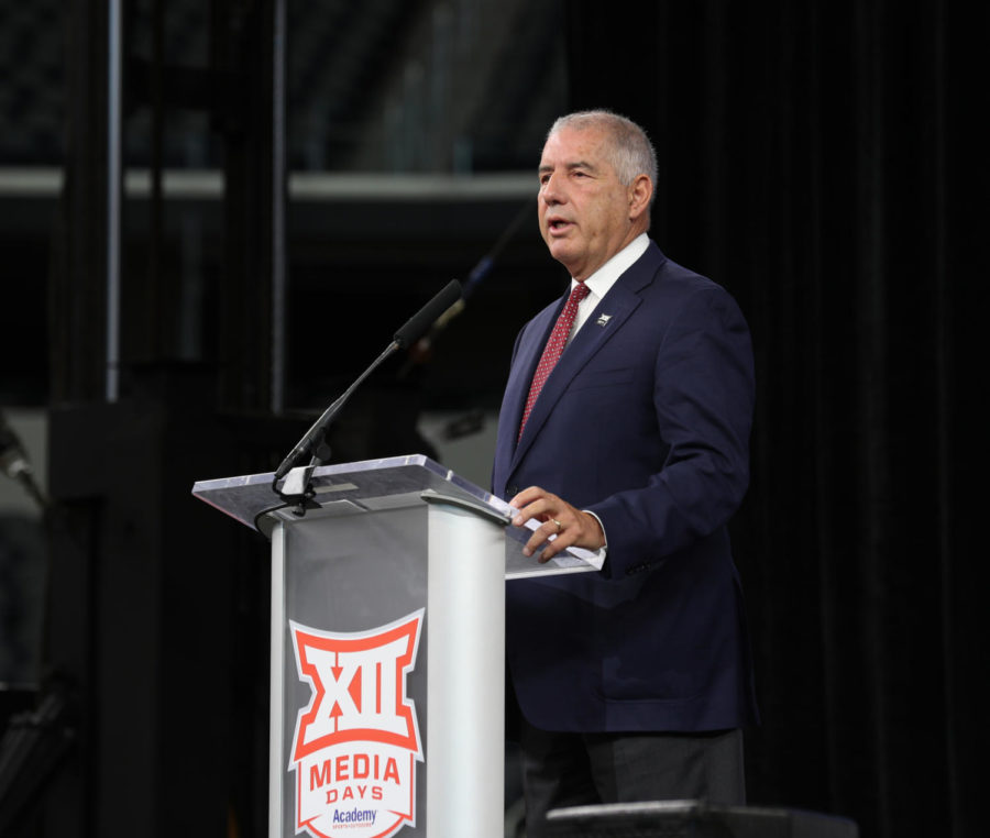 Big 12 Commissioner Bob Bowlby speaks to the media at the 2021 Big 12 Football Media Days on July 14 in Arlington, Texas.