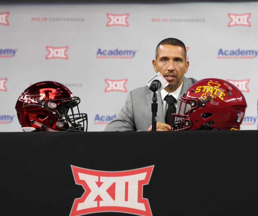 Iowa+State+Head+Coach+Matt+Campbell+speaks+to+the+media+at+the+2021+Big+12+Football+Media+Days+on+Wednesday+in+Arlington%2C+Texas.