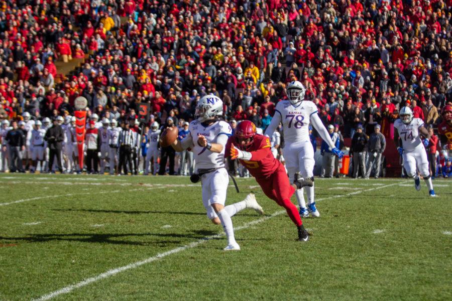 Iowa State defensive end Will McDonald rushes the back field to force the sack against the University of Kansas on Nov. 23, 2019. 