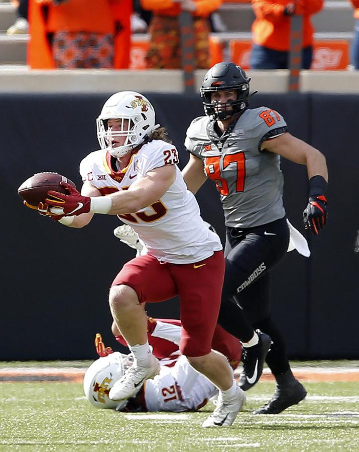 Iowa State linebacker Mike Rose intercepts a deflected pass during the Iowa State and Oklahoma State game Oct. 24 in Stillwater, Oklahoma.