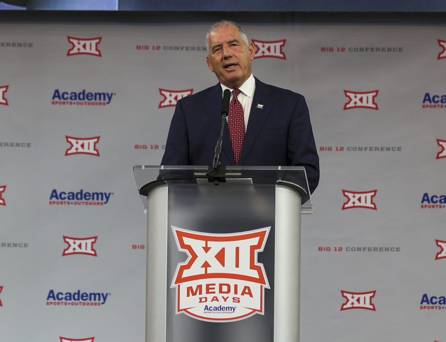 Big 12 commissioner Bob Bowlby speaks to the media at the 2021 Big 12 Football Media Days in Arlington, Texas on July 14. (Photo courtesy of Liz Parke/Big 12 Conference)