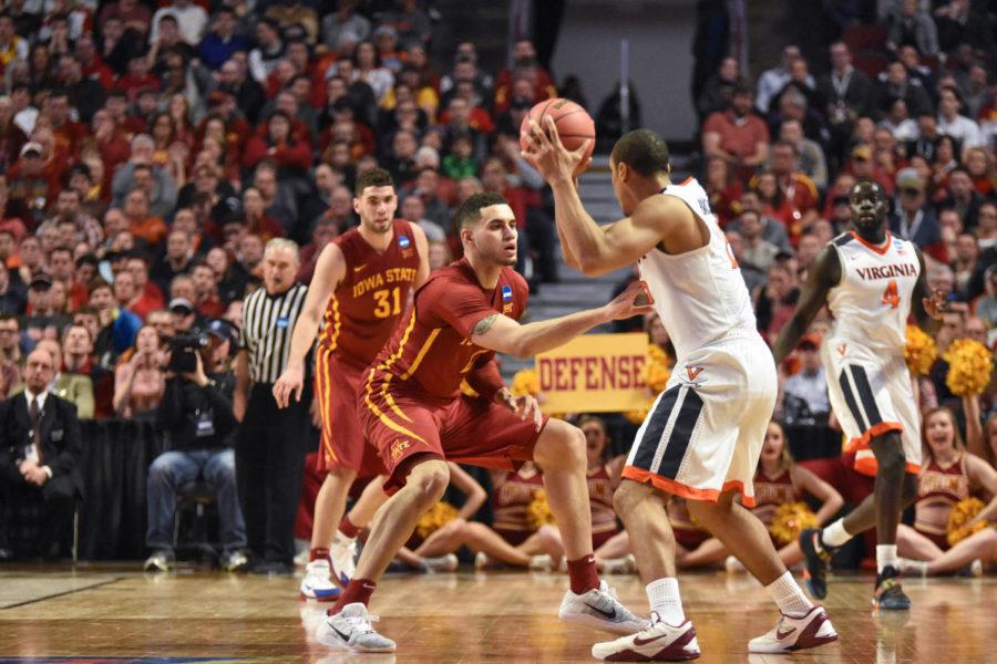 Then-redshirt senior Abdel Nader blocks an opponent from Virginia on March 25, 2016, at the Sweet 16. Nader topped 1,000 career points after Iowa States win against Kansas in January 2016. Iowa State fell 84-71.
