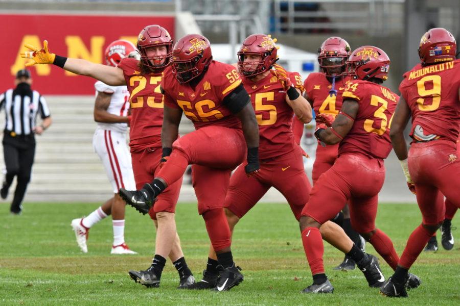 Iowa State defensive lineman Latrell Bankston celebrates with his teammates in the first half after getting his first sack as a Cyclone on Sept 12. Iowa State lost 31-14 to Louisiana.