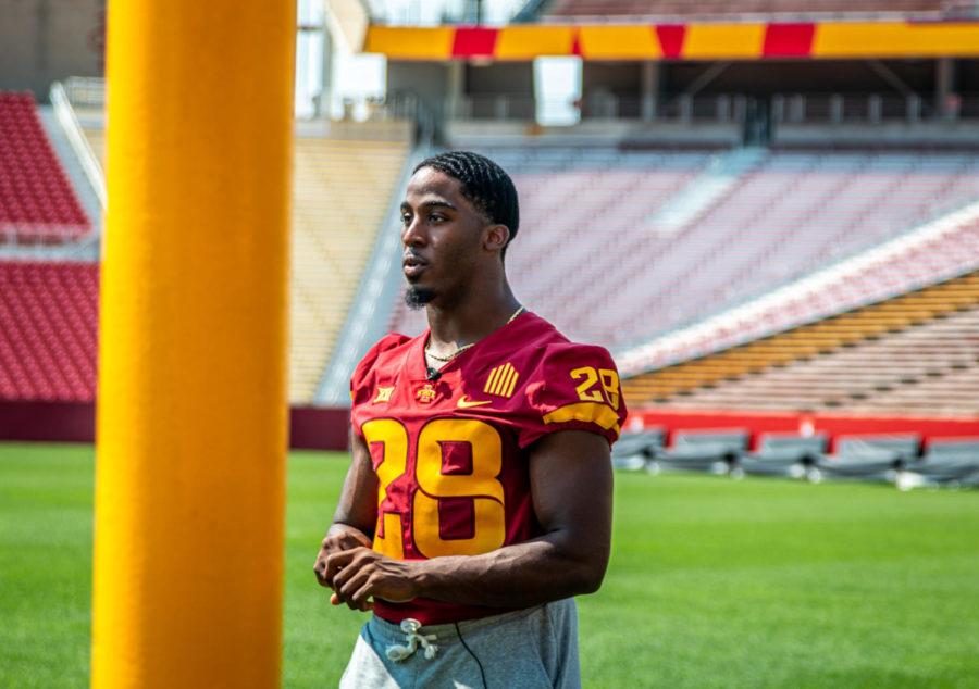 Iowa State running back Breece Hall talks to reporters during media day Aug. 9.
