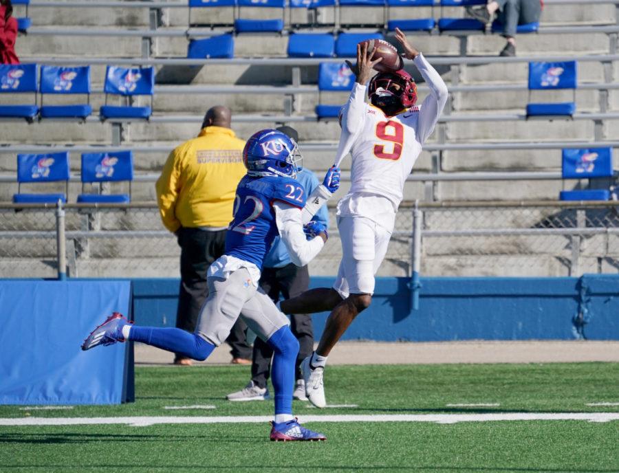 Iowa State wide receiver Joe Scates catches a pass for a touchdown from true freshman quarterback Hunter Dekkers against a Kansas Jayhawks cornerback Oct. 31, 2020. (Mandatory Credit: Denny Medley-USA TODAY Sports)