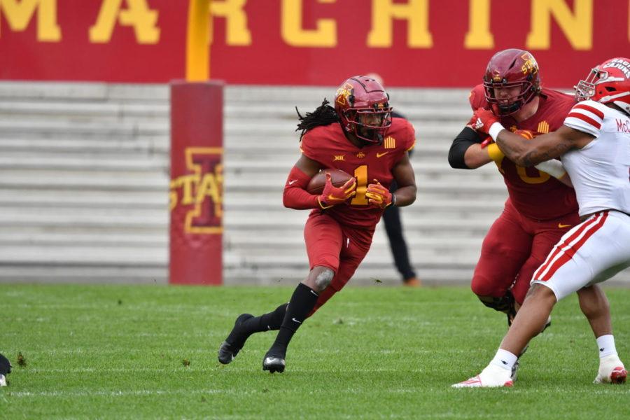 Iowa State wide receiver Tarique Milton looks for room during the first half of the Sept. 12, 2020, game on the MidAmerican Energy Field at Jack Trice Stadium.