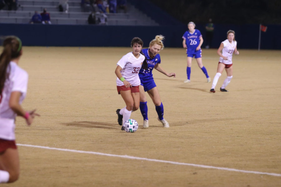 Sophomore midfielder Mira Emma tries to move past a Kansas defender Nov 6, 2020. Iowa State finished in a 1-1 draw against Kansas.
