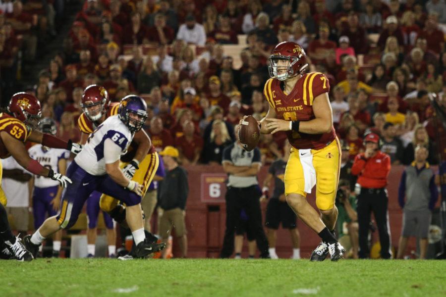 Iowa State quarterback Joel Lanning looks to throw the ball during the game against Northern Iowa on Sept. 3, 2016. The Panthers would go on to defeat the Cyclones 25-20. 