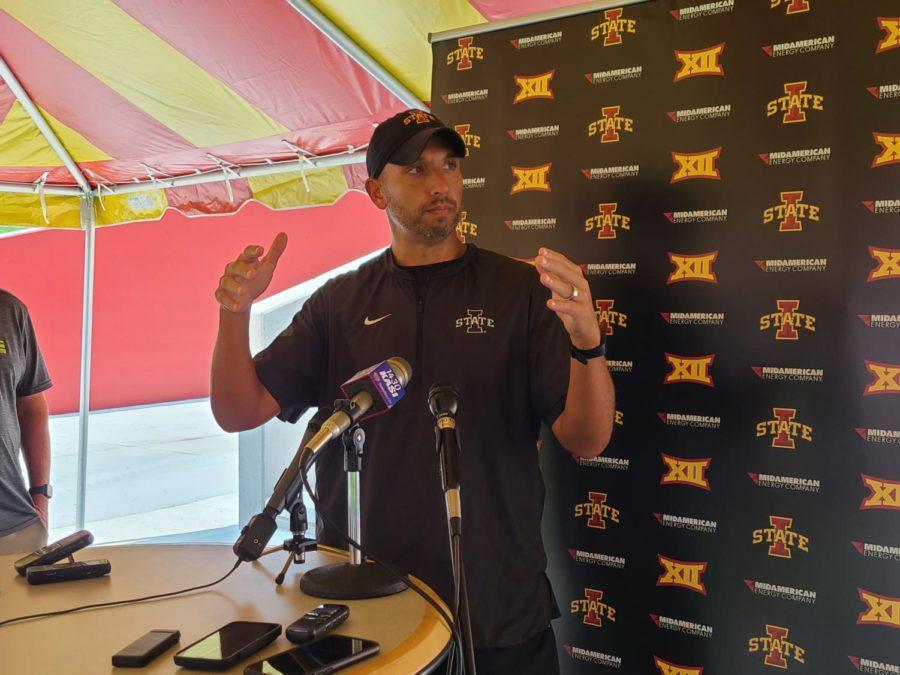 Matt+Campbell+talks+to+the+media+on+the+first+official+day+of+fall+camp+for+the+Cyclones+on+Friday.+Campbell+spoke+to+the+media+in+person+for+the+first+time+since+2019.