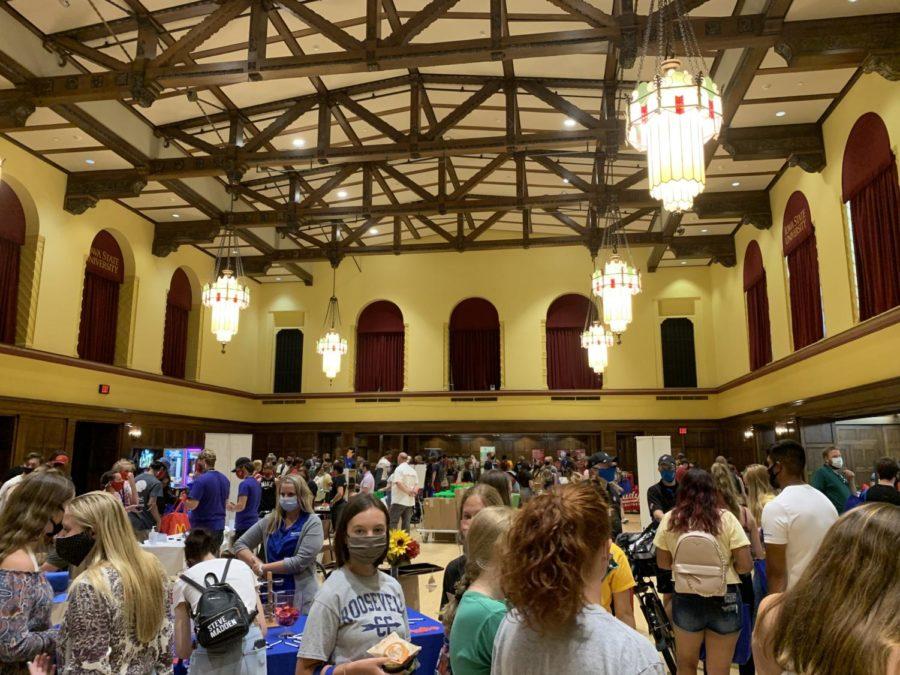 Students can visit the Great Hall of the Memorial Union to mingle with Ames businesses at the 2021 WelcomeFest. 