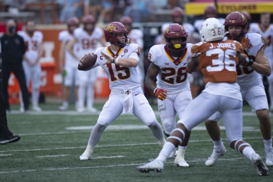 Iowa State quarterback Brock Purdy (No. 15) stands in the pocket against the University of Texas on Nov. 27 in Austin, Texas.