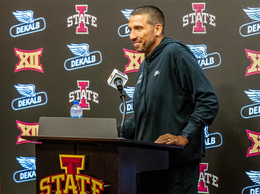 Matt Campbell talks with reporters during Iowa State football Media Day on Monday.