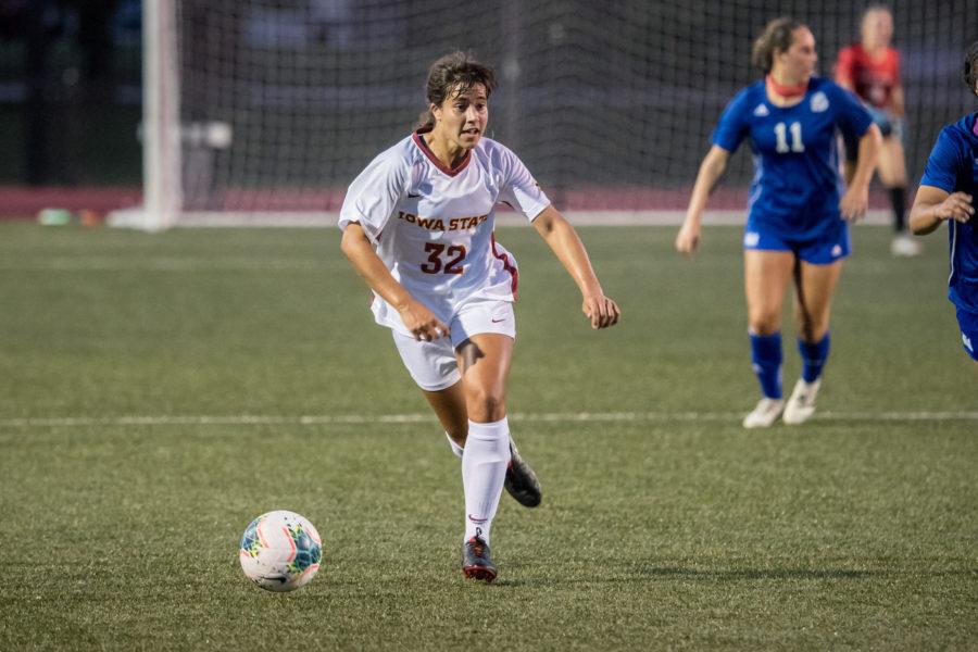 Freshman attacker Mira Emma dribbles the ball in a 2-0 exhibition win against Drake University on Aug. 17, 2019.