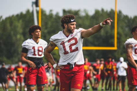 Greg Eisworth talks to a teammate during fall camp. (Photo courtesy of Iowa State Athletics)
