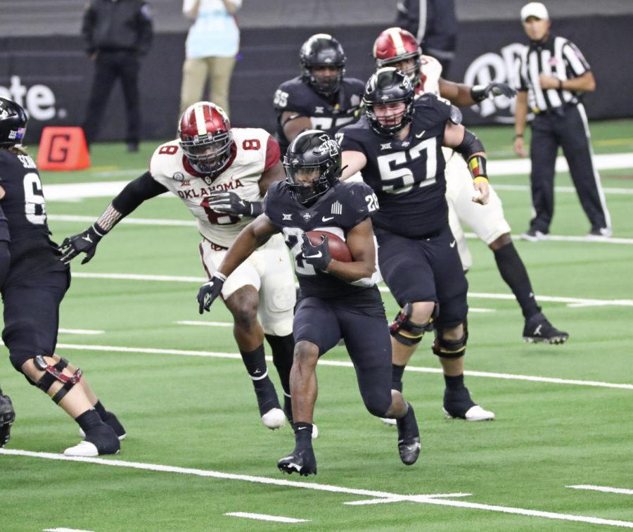 Iowa State sophomore running back Breece Hall runs up the field in the 2020 Dr. Pepper Big 12 Football Championship on Dec. 19 at AT&T Stadium in Arlington, Texas.