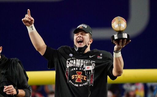 Iowa State quarterback Brock Purdy celebrates after being named 2020 Fiesta Bowl Offensive Player of the Game.
