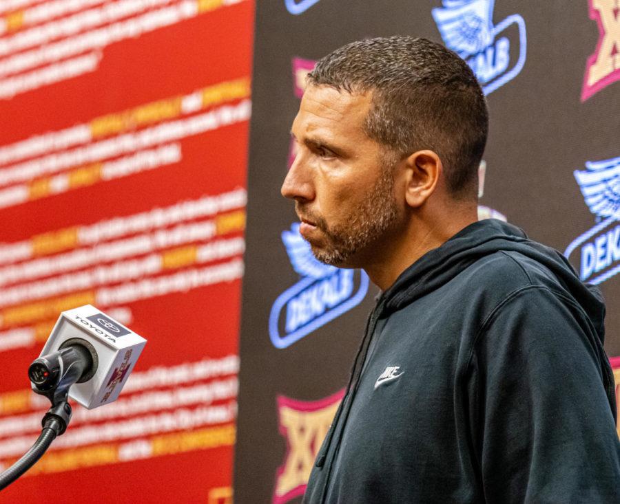 Matt Campbell talks with reporters during Iowa State football media day Aug. 9.