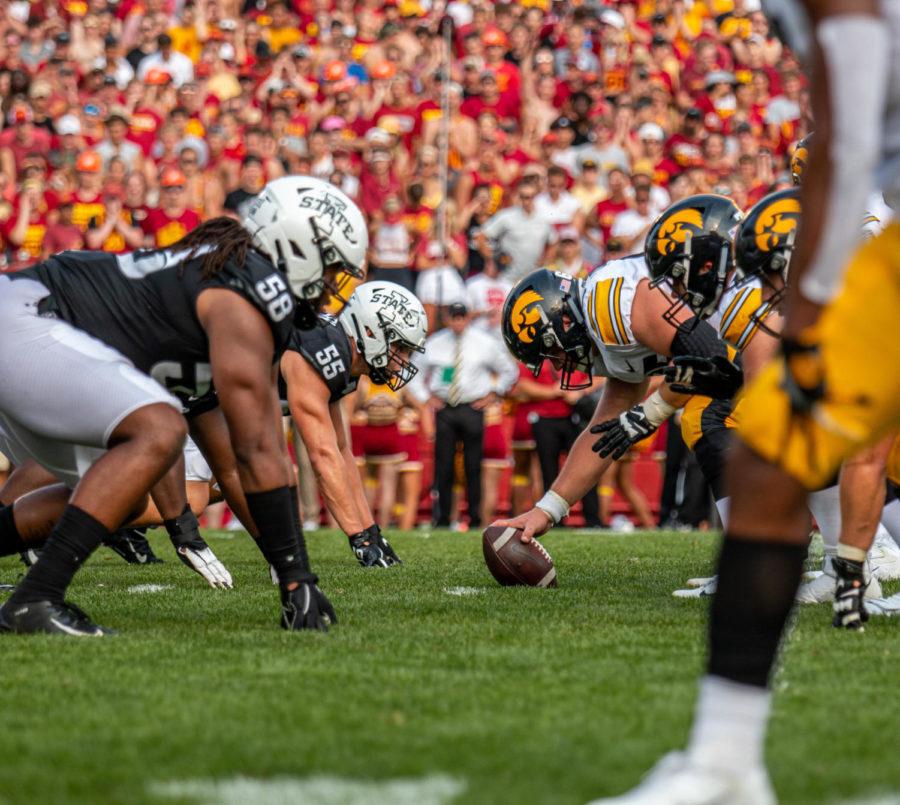No.9 Iowa States defensive line gets ready to rush the passer during the Cyclones 27-17 loss to No.10 Iowa on Saturday.