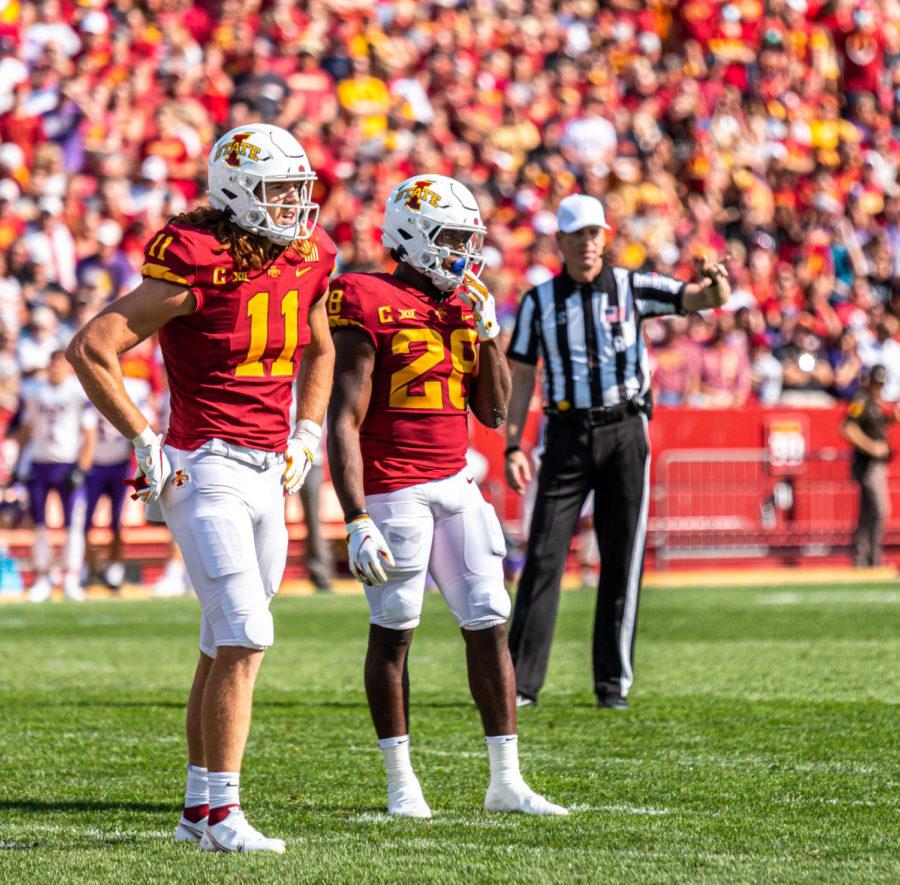 Chase Allen and Breece Hall look toward the sideline Sept. 4 in the Cyclones 16-10 win over Northern Iowa.
