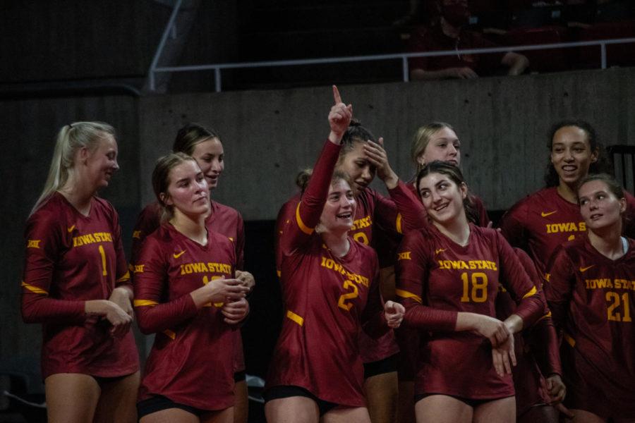 The Iowa State volleyball team is seen dancing as they take down the University of Nebraska Omaha Mavericks on Aug. 28.
