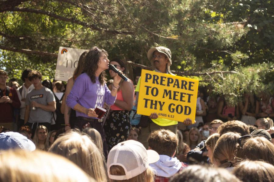 Sister Cindy preaches to a large crowd of Iowa State students on Sept. 23.