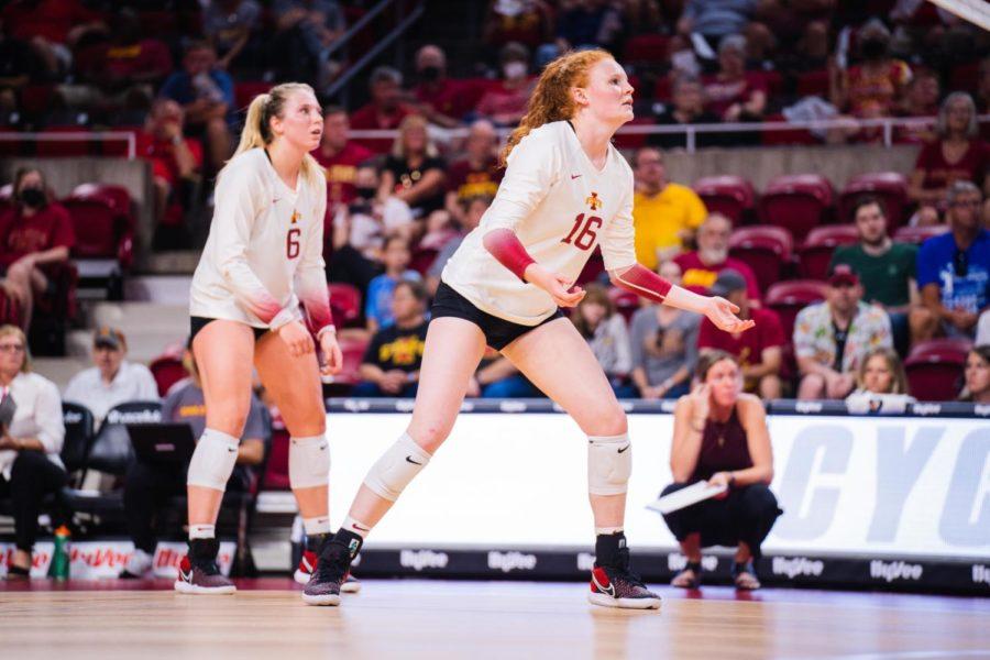 Abby Greiman (No.16) awaits the serve in Iowa State volleyballs season opener vs. the Drake Bulldogs on August 27.