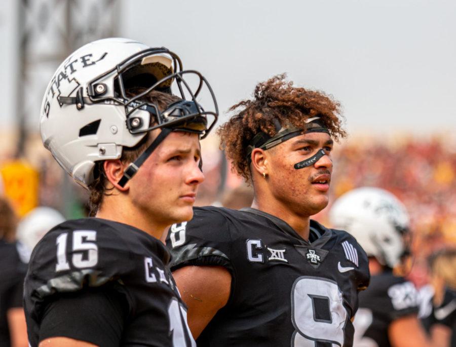 Brock Purdy (left) and Xavier Hutchinson (right) stand on the sideline during the Cyclones 27-17 loss to Iowa on Saturday.