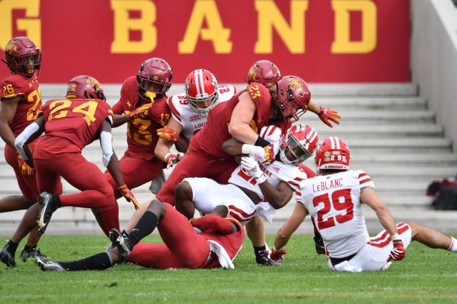 Iowa State linebacker Mike Rose tackles Louisiana running back Chris Smith during the first half Sept. 12. 2020