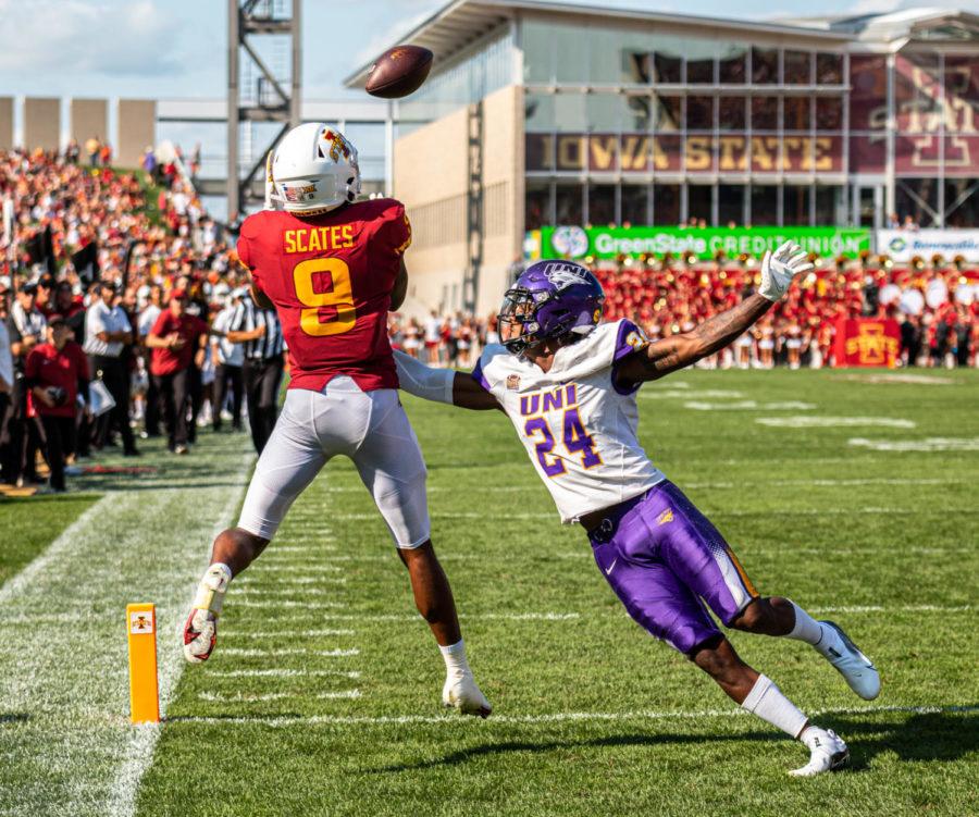 Iowa State wide receiver Joe Scates goes up to catch a pass against the Northern Iowa Panthers on Sept. 4.