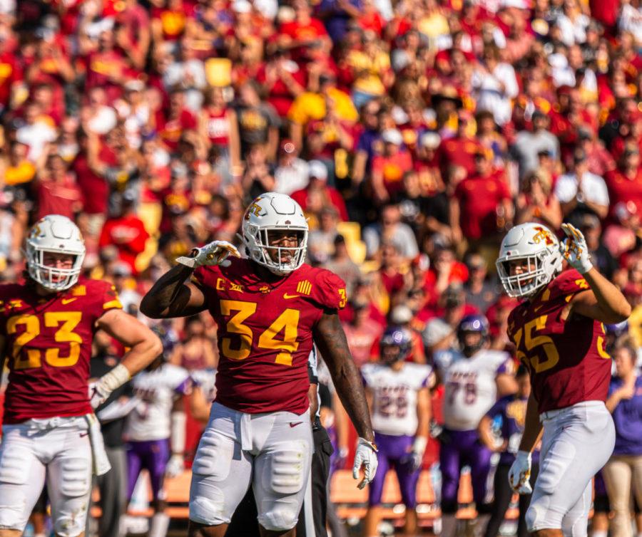 The Iowa State defense looks toward the sideline on Saturday in a 16-10 win over Northern Iowa.