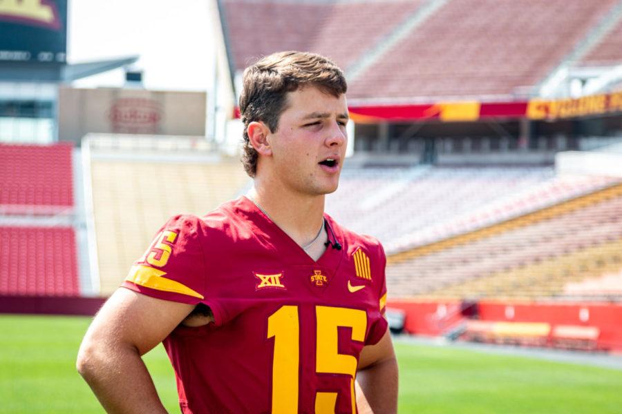 Iowa State quarterback Brock Purdy talks with reporters at Iowa State media day on August 9.