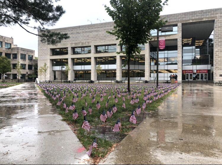 Iowa States Young Americans For Freedom commemorates the lives lost during the 9/11 attack on the World Trade Center with flags outside of Parks Library.