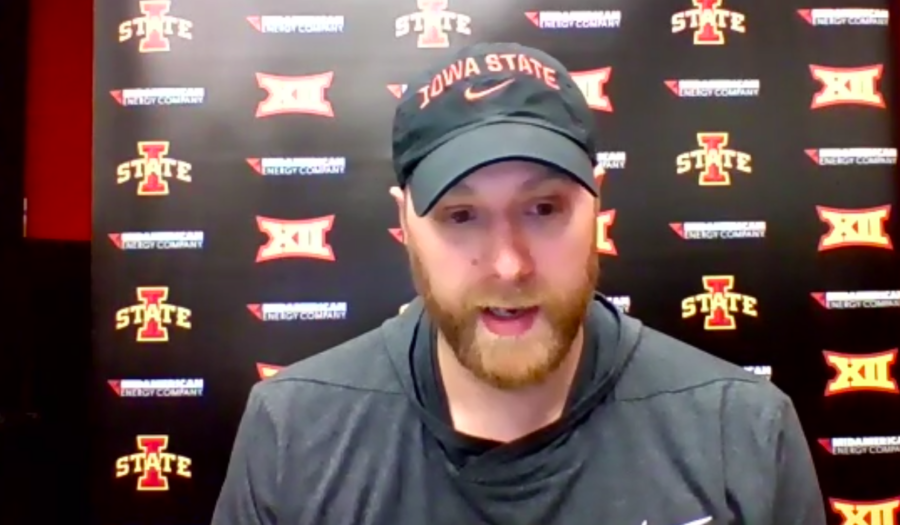 Iowa State offensive coordinator Tom Manning speaks with the media over Zoom on April 28.