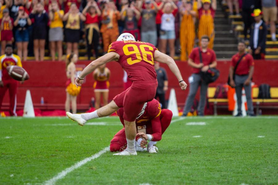 Place kicker Connor Assalley kicks the field goal, putting Iowa State up to seven points against Louisiana-Monroe on Sept. 21. The Cyclones won 72-20.