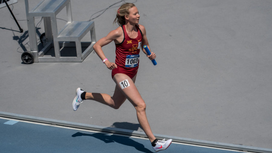 Iowa State senior Cailie Logue runs in the distance medley relay at the Drake Relays on April 24.