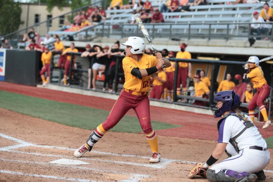 Then-freshman Milaysia Ochoa stands in the batters box in Iowa State softballs game against the Northern Iowa Panthers in the NCAA Columbia Regional on May 22. (Photo courtesy of Iowa State Athletic Communications)