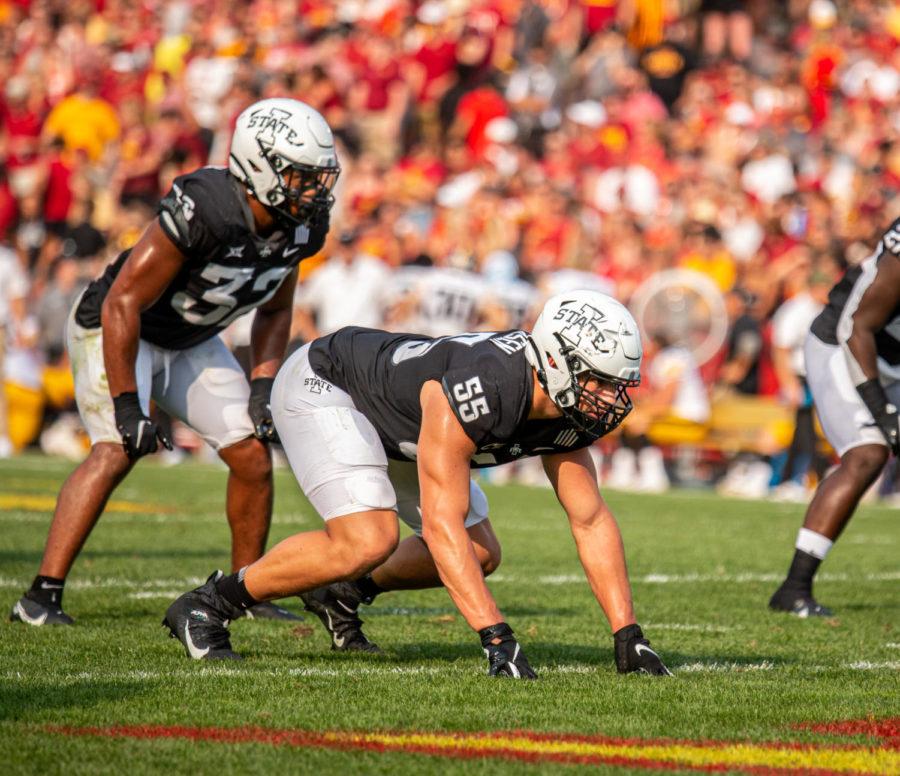Iowa State defensive lineman Zach Petersen lines up against the No.10 Iowa Hawkeyes on Sept. 11. Petersen finished the game with two tackles for loss.