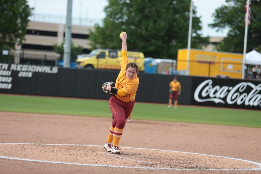 Then-junior Shannon Mortimer winds up to throw a pitch against the University of Northern Iowa in Game 2 of the NCAA Columbia Regional on May 22. (Photo courtesy of Iowa State Athletics)