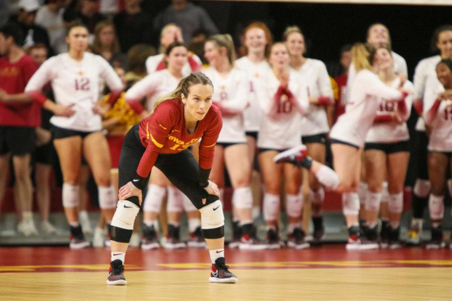 Iowa State libero Marija Popovic gets ready for the next serve in Iowa State volleyballs match against TCU on Sept. 24. 