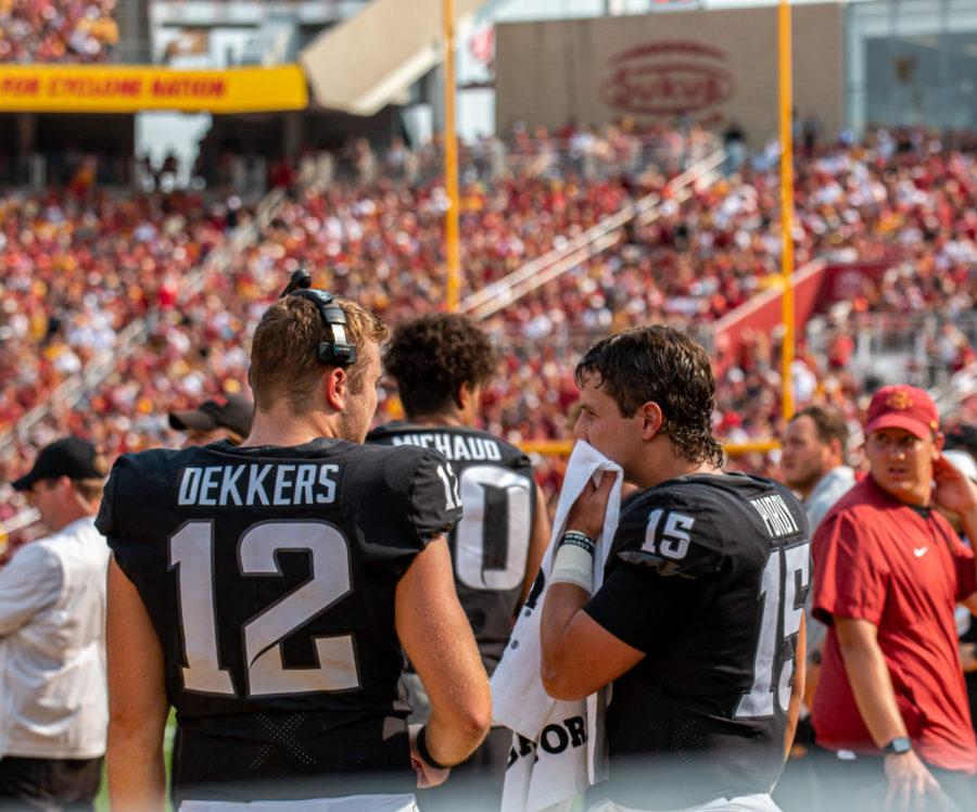 Iowa+State+quarterbacks+Hunter+Dekkers+%28left%29+and+Brock+Purdy+%28right%29+talk+on+the+sideline+during+the+Cyclones+27-17+loss+to+No.10+Iowa+on+Sept.+11.