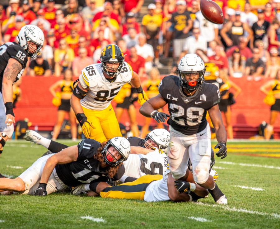Iowa State running back Breece Hall fumbles against No.10 Iowa on Sept. 11.