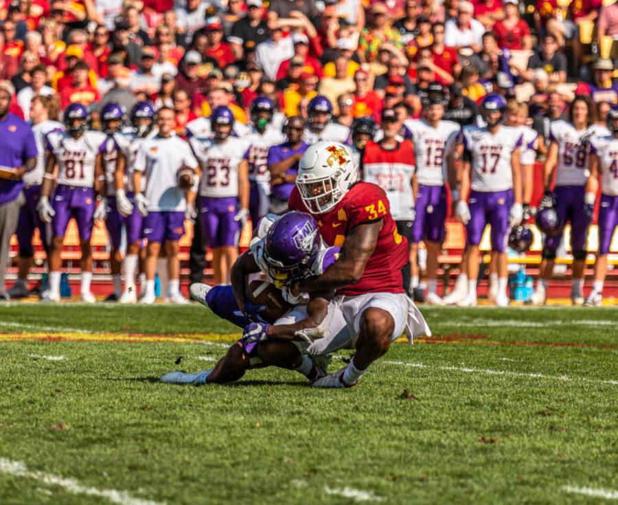 ORien Vance makes a tackle against Northern Iowa on Sept. 4