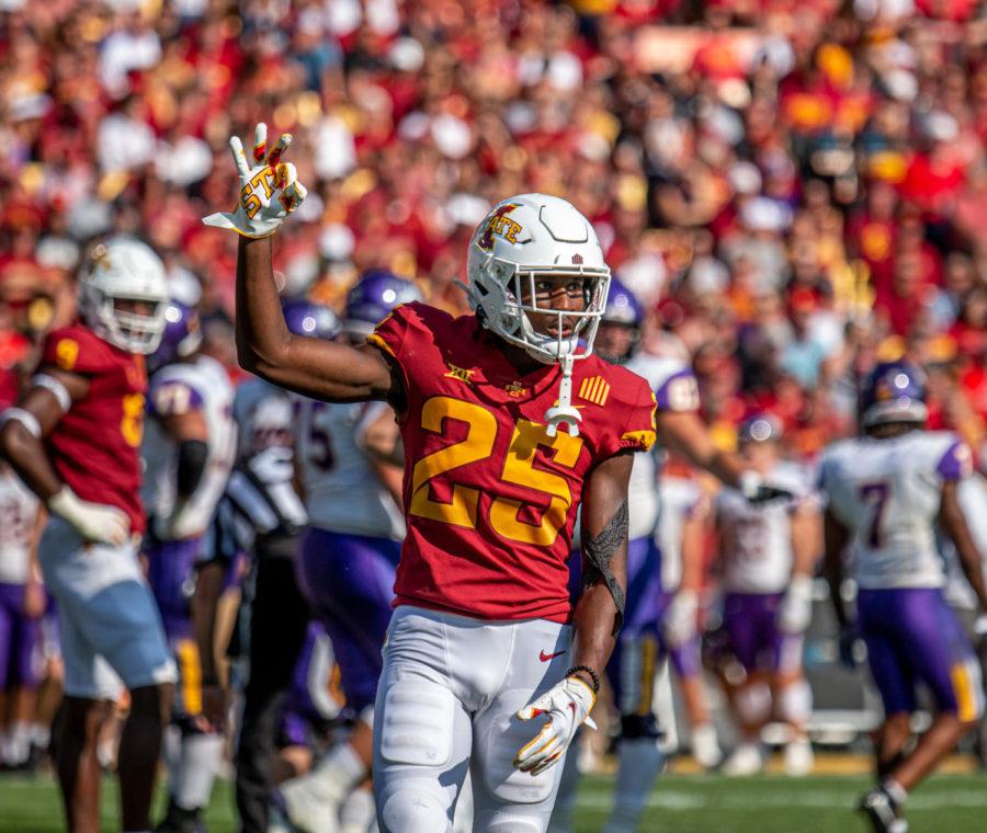 Iowa State sophomore T.J. Tampa holds up his fingers to signal 3rd down for the Cyclone defense against Northern Iowa on Sept. 4.